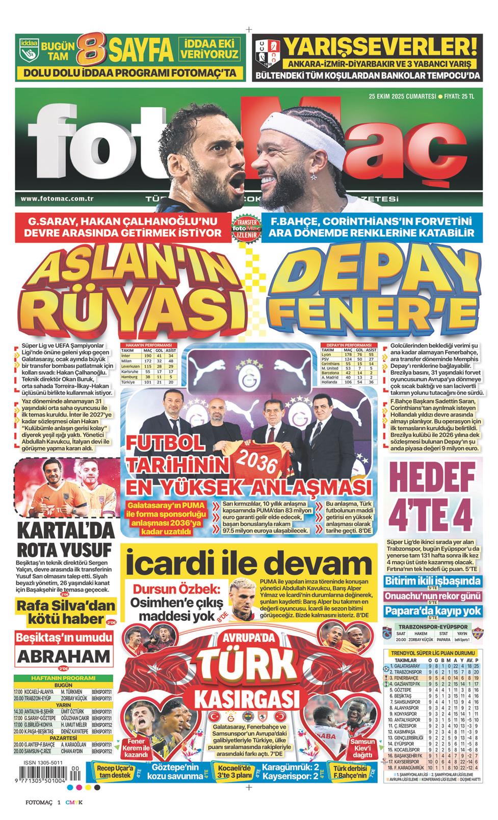 25 Ekim 2025 Cumartesi - Fotomaç gazetesi manşet