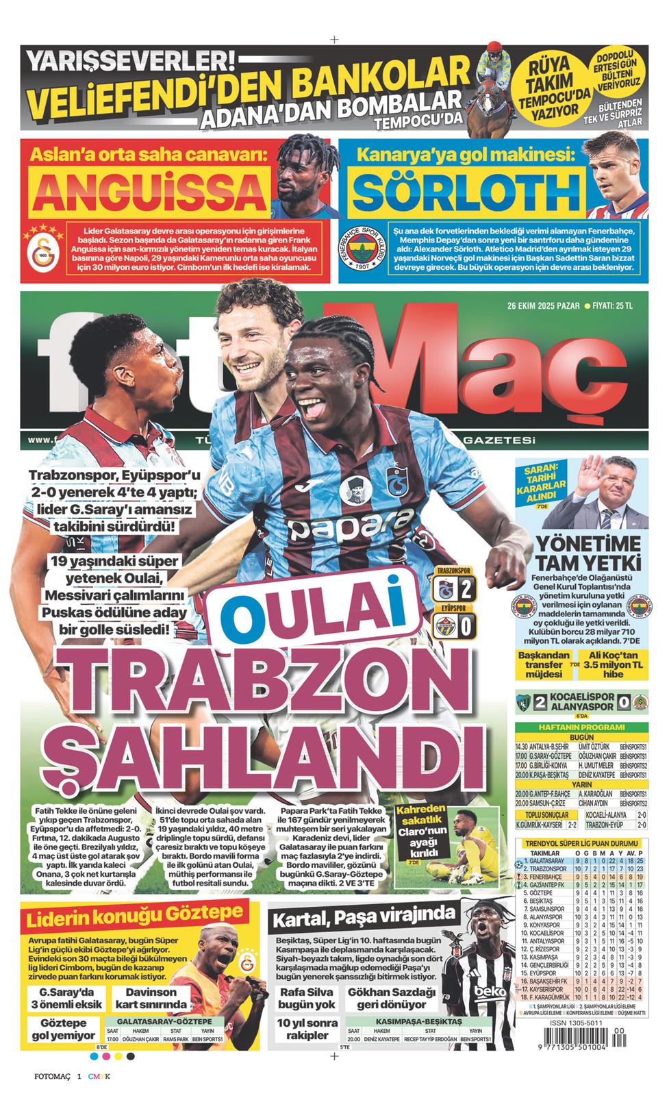 26 Ekim 2025 Pazar - Fotomaç gazetesi manşet