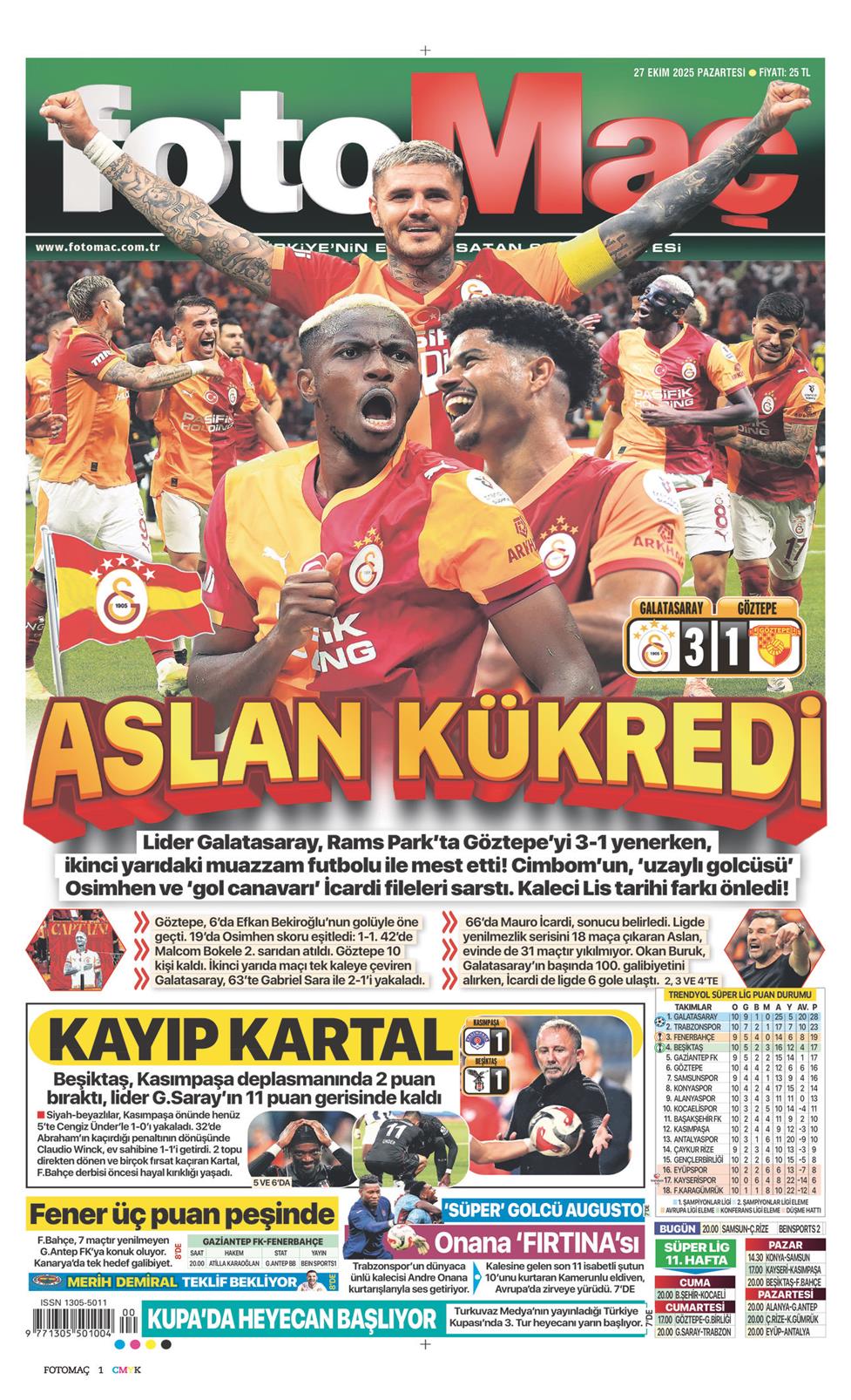 27 Ekim 2025 Pazartesi - Fotomaç gazetesi manşet