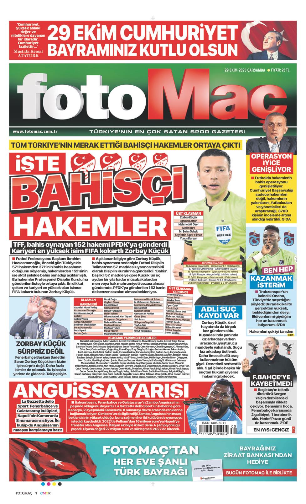 29 Ekim 2025 Çarşamba - Fotomaç gazetesi manşet