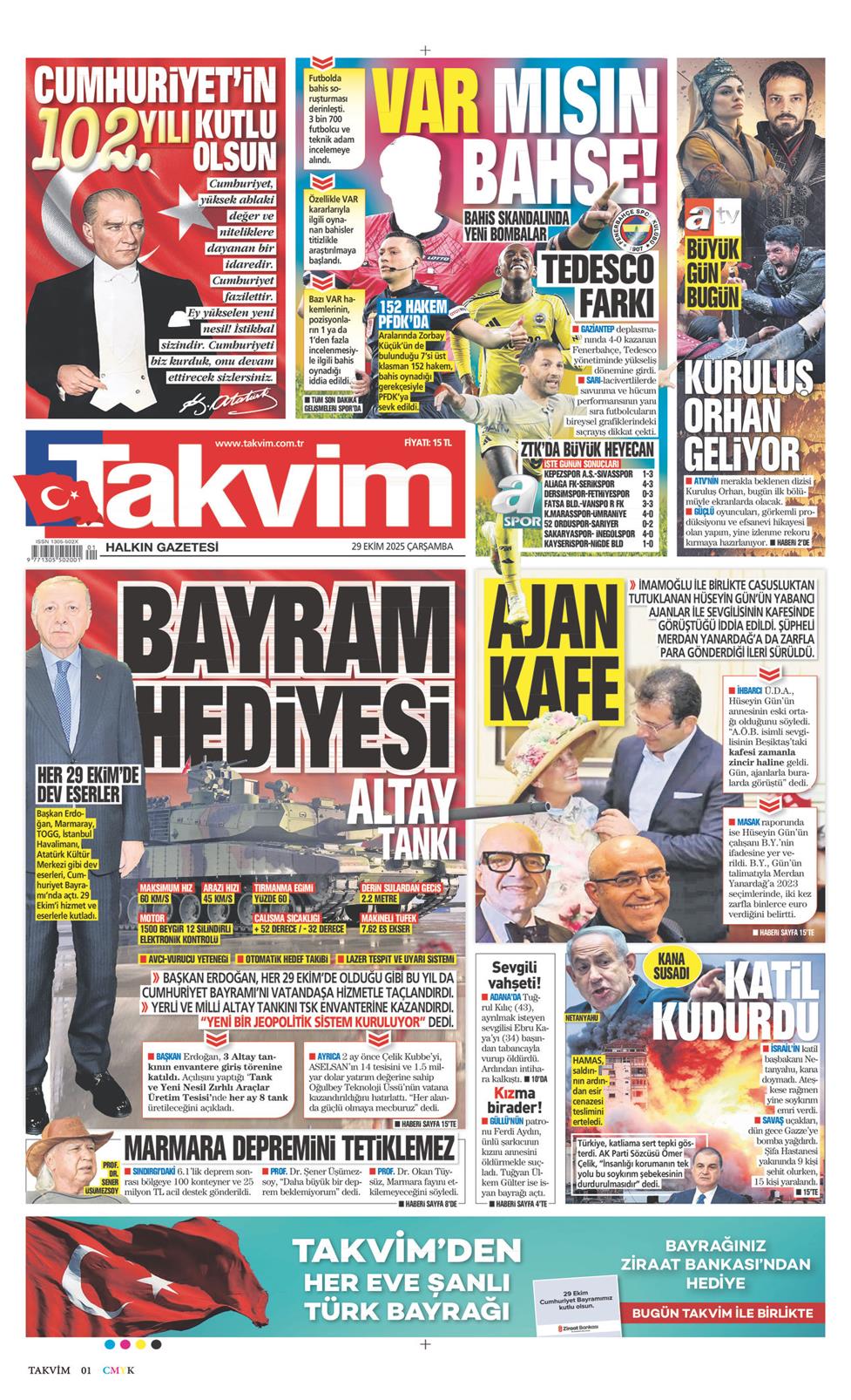 Takvim Gazetesi 29 Ekim 2025, Çarşamba Günü Manşeti