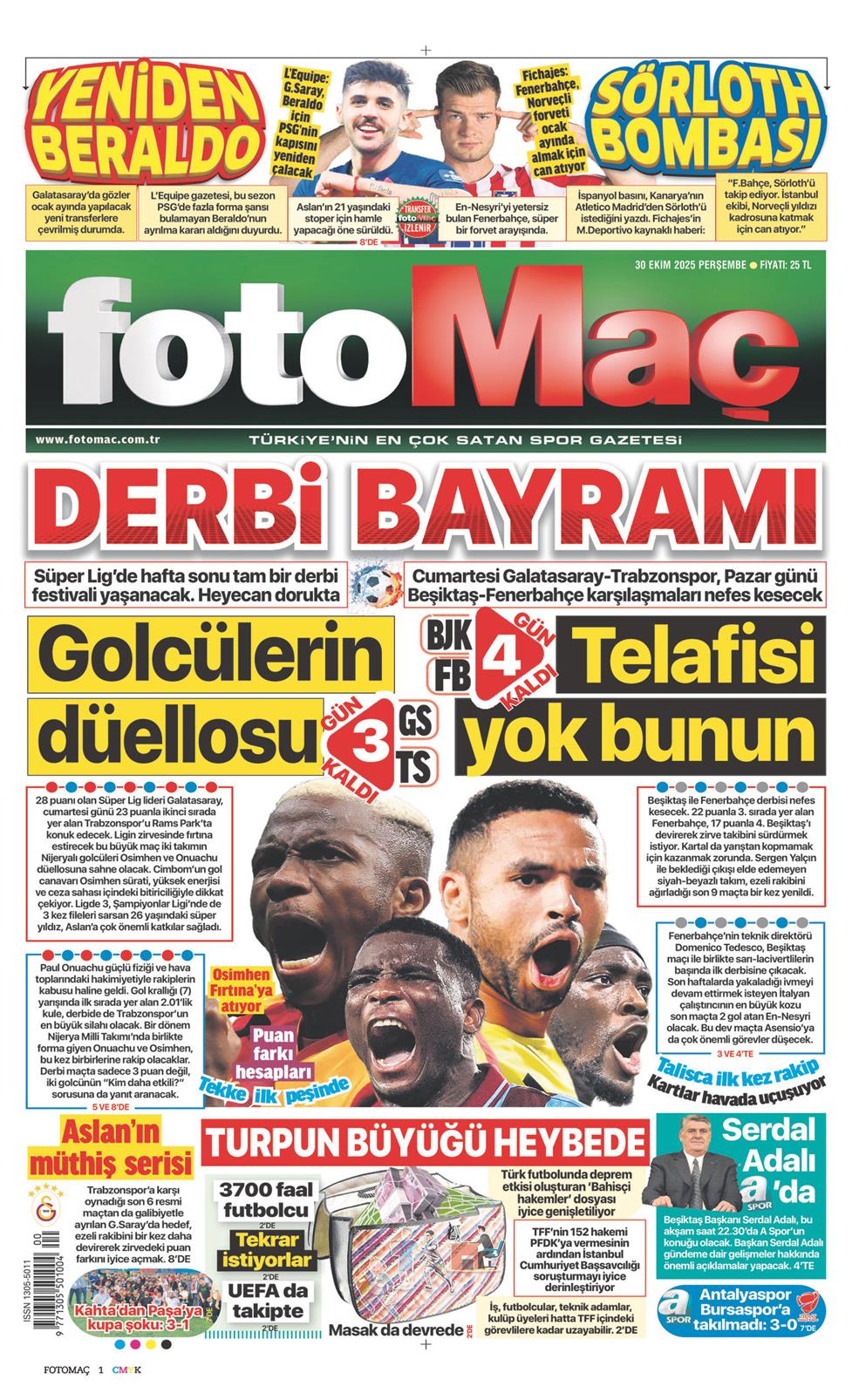30 Ekim 2025 Perşembe - Fotomaç gazetesi manşet