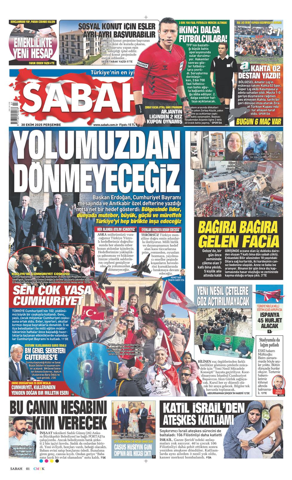 Sabah Gazetesi 30 Ekim 2025, Perşembe Günü Manşeti