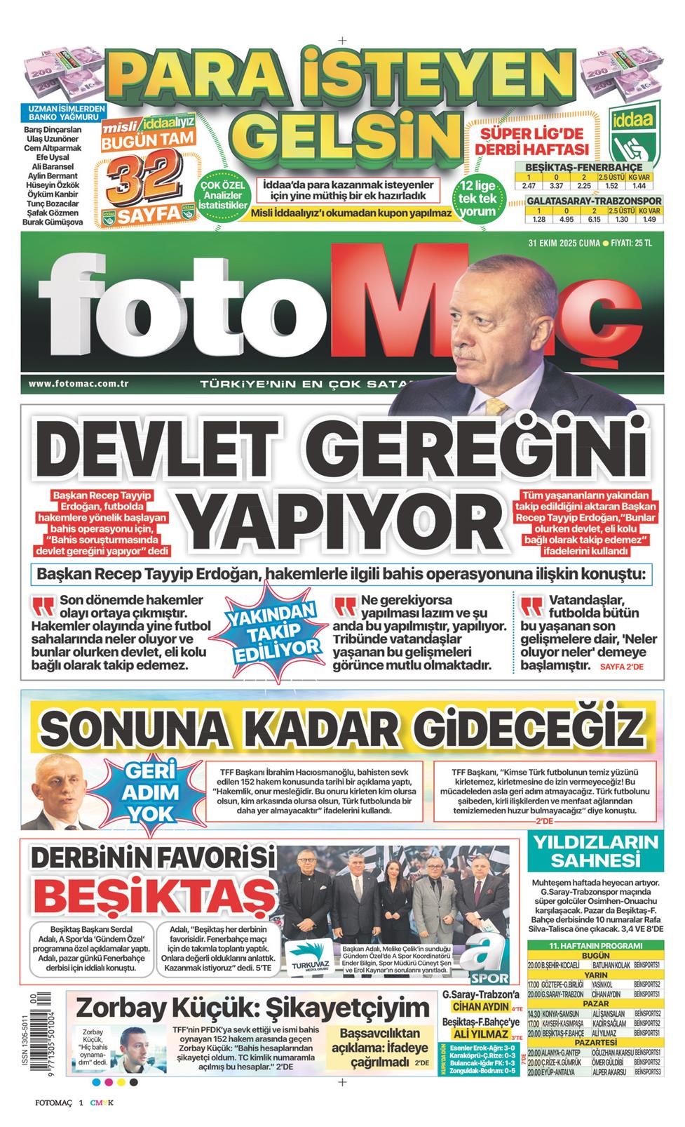 31 Ekim 2025 Cuma - Fotomaç gazetesi manşet