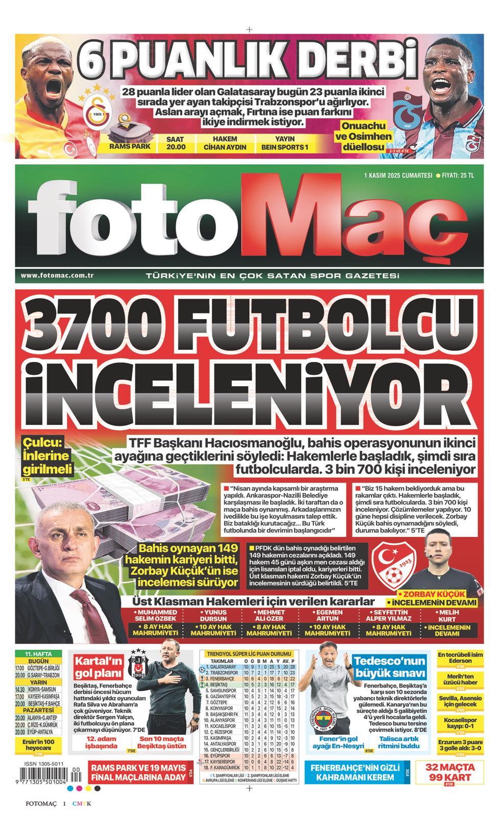 01 Kasım 2025 Cumartesi - Fotomaç gazetesi manşet