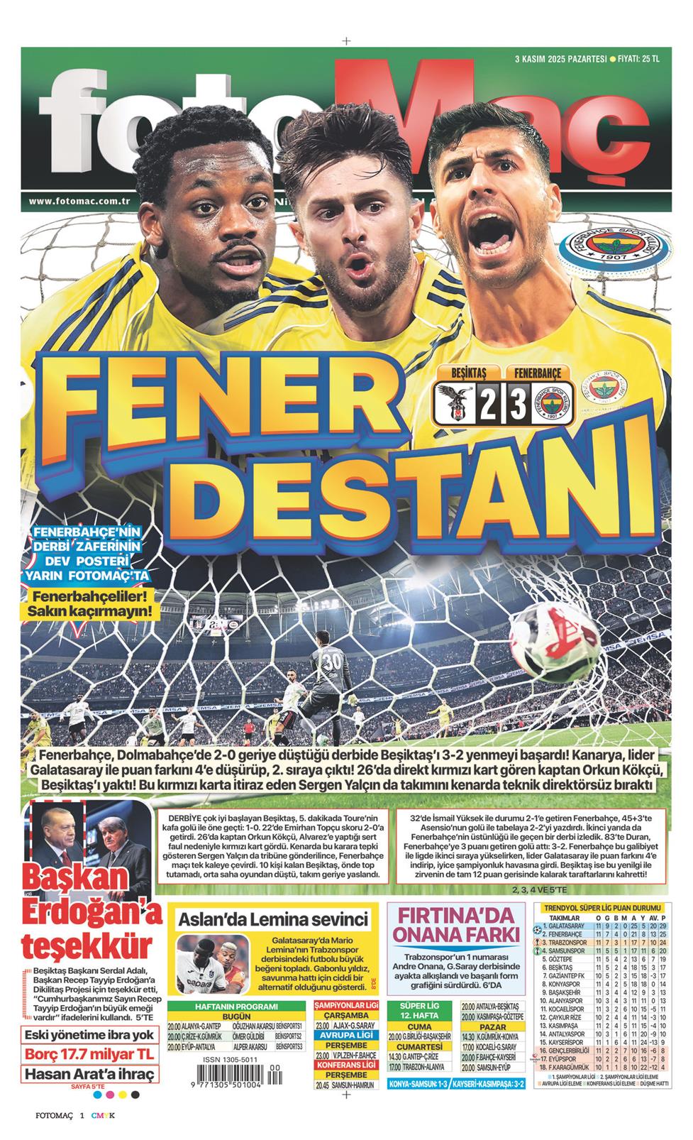 03 Kasım 2025 Pazartesi - Fotomaç gazetesi manşet