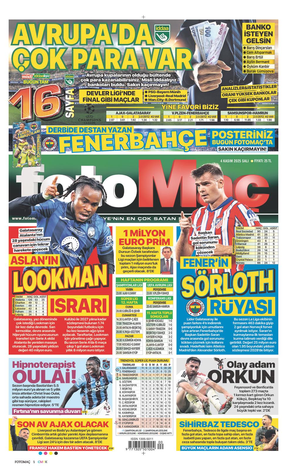 04 Kasım 2025 Salı - Fotomaç gazetesi manşet