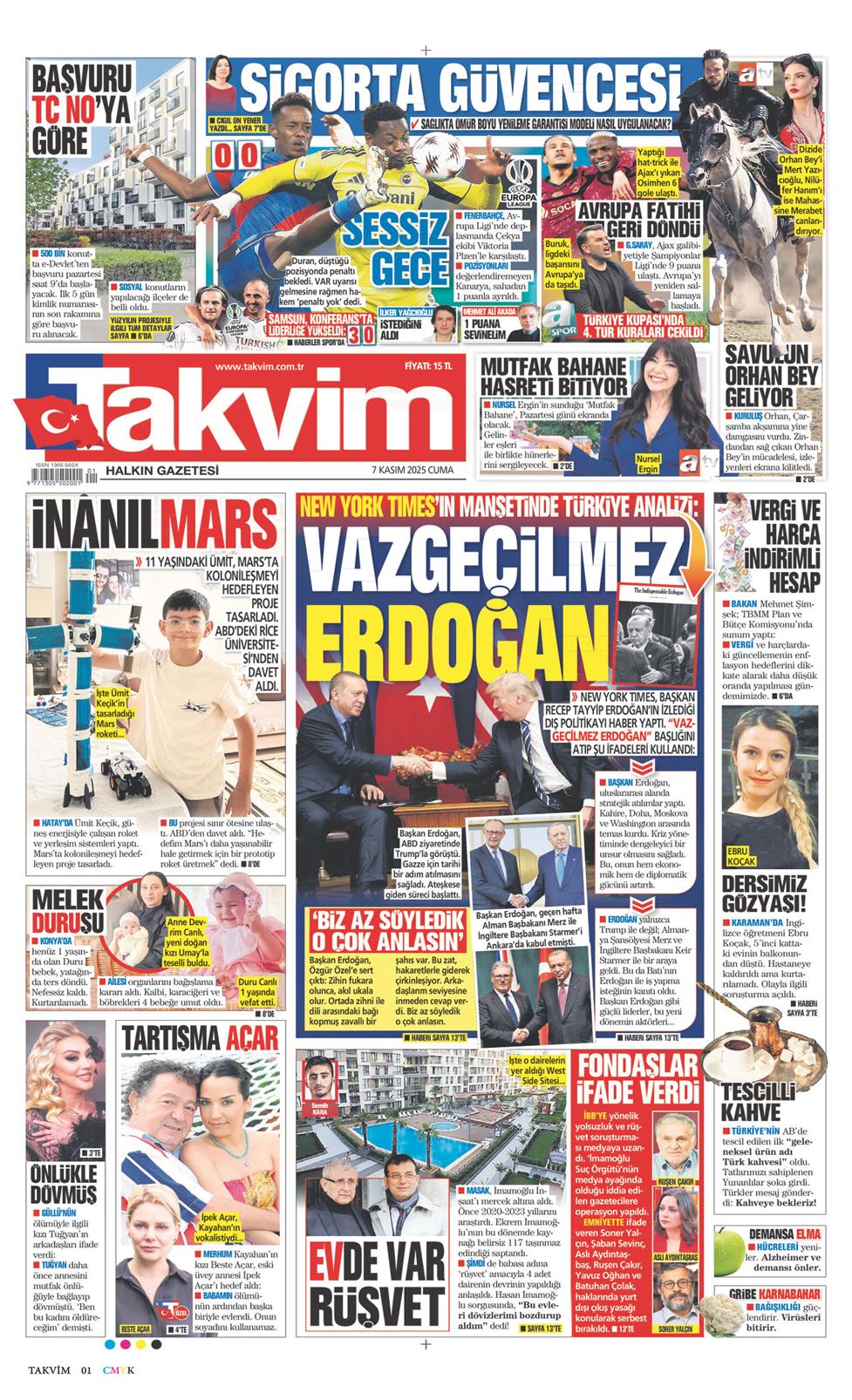 Takvim Gazetesi 7 Kasım 2025, Cuma Günü Manşeti