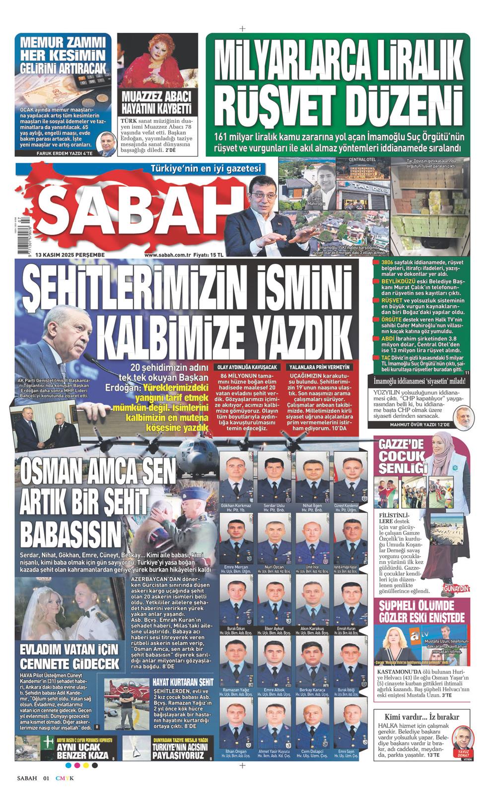 Sabah Gazetesi 13 Kasım 2025, Perşembe Günü Manşeti