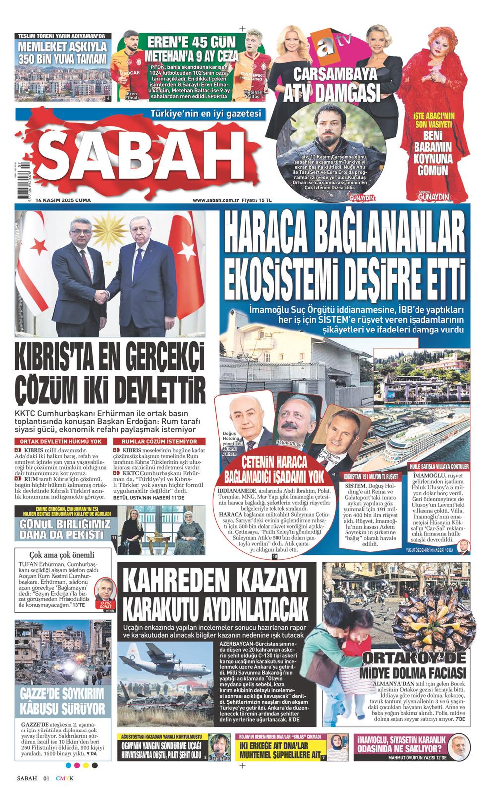 Sabah Gazetesi 14 Kasım 2025, Cuma Günü Manşeti
