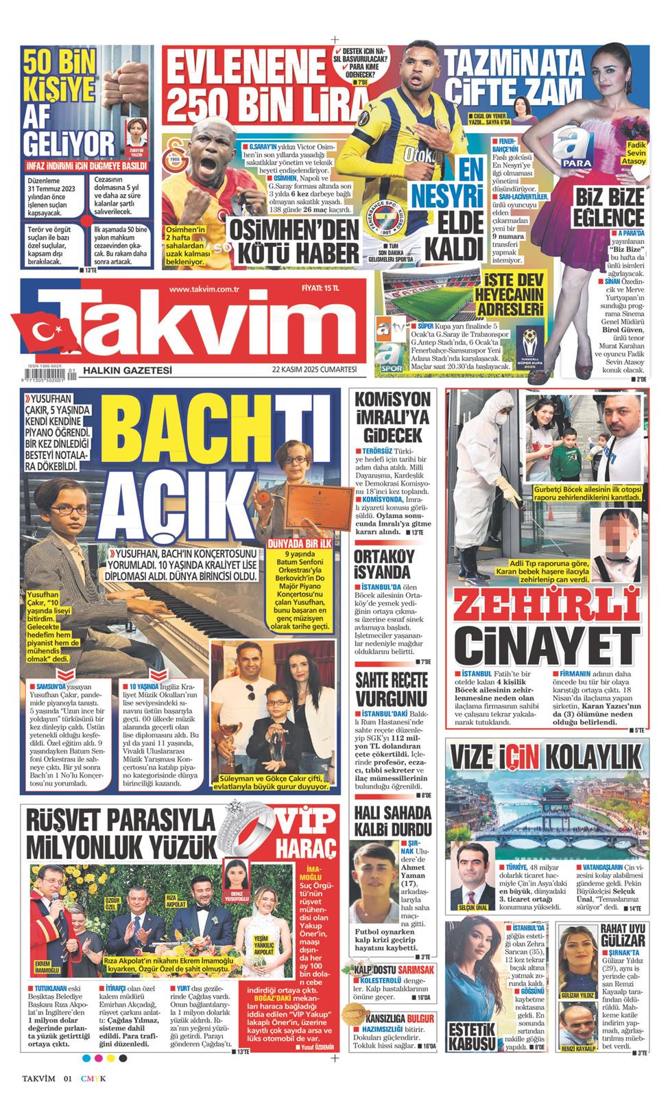 Takvim Gazetesi 22 Kasım 2025, Cumartesi Günü Manşeti
