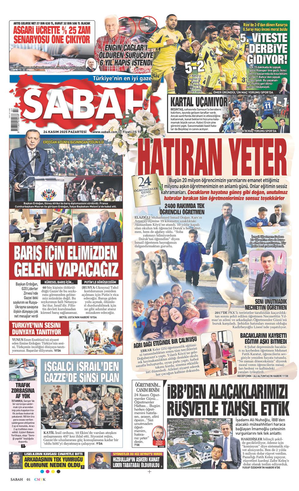 Sabah Gazetesi 24 Kasım 2025, Pazartesi Günü Manşeti