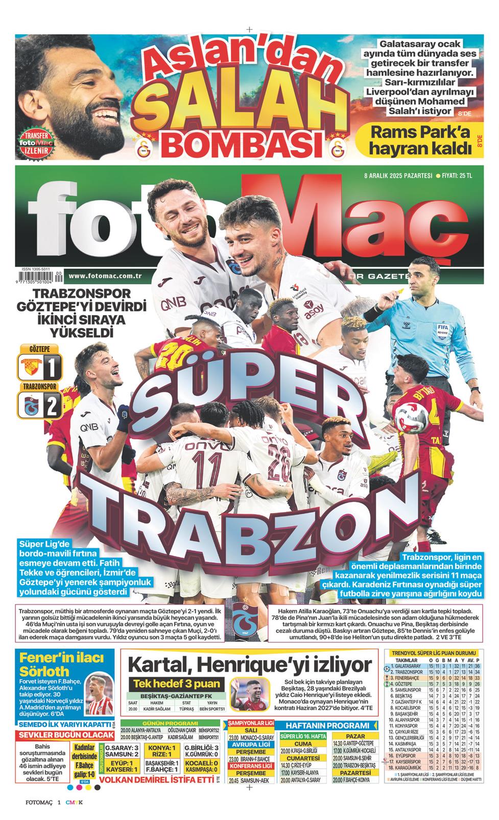 08 Aralık 2025 Pazartesi - Fotomaç gazetesi manşet