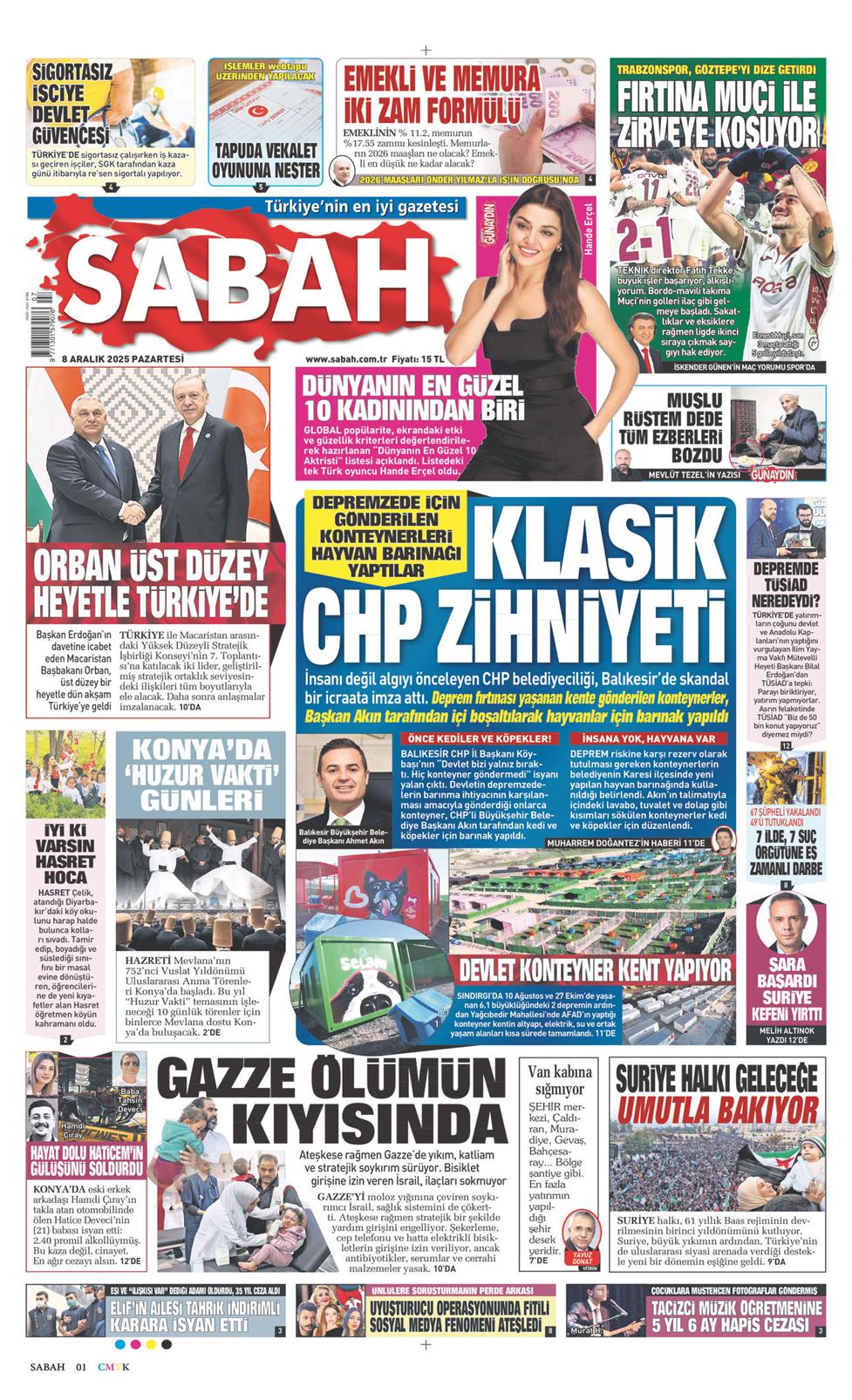 08 Aralık 2025 Pazartesi - Sabah gazetesi manşet