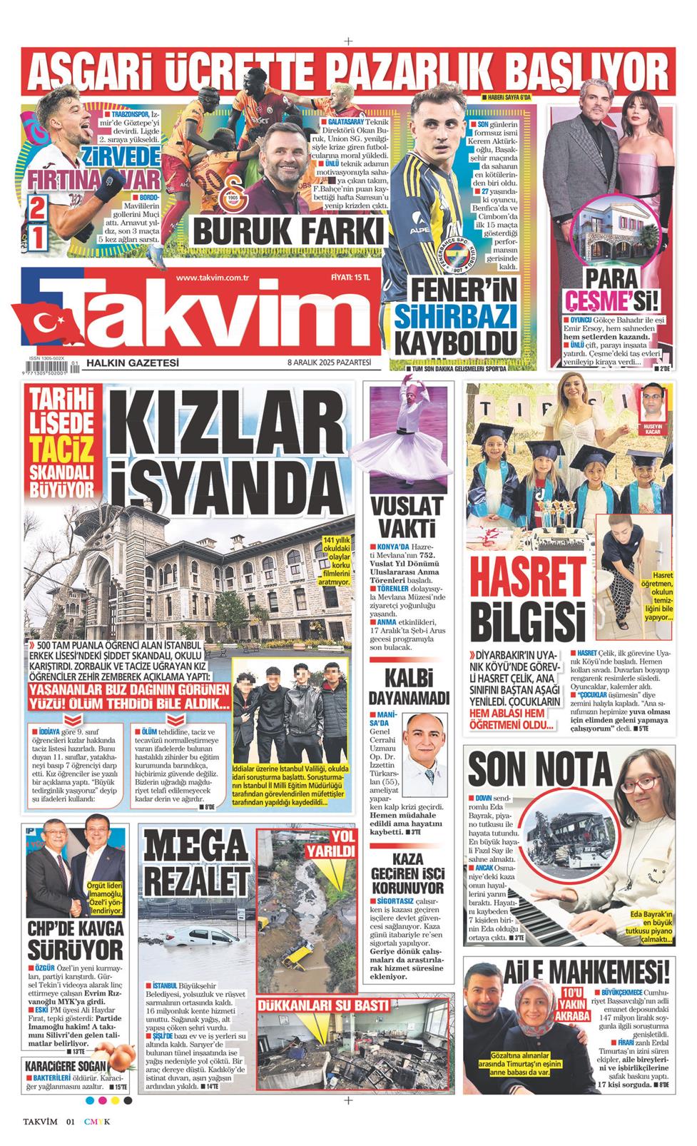 Takvim Gazetesi 8 Aralık 2025, Pazartesi Günü Manşeti