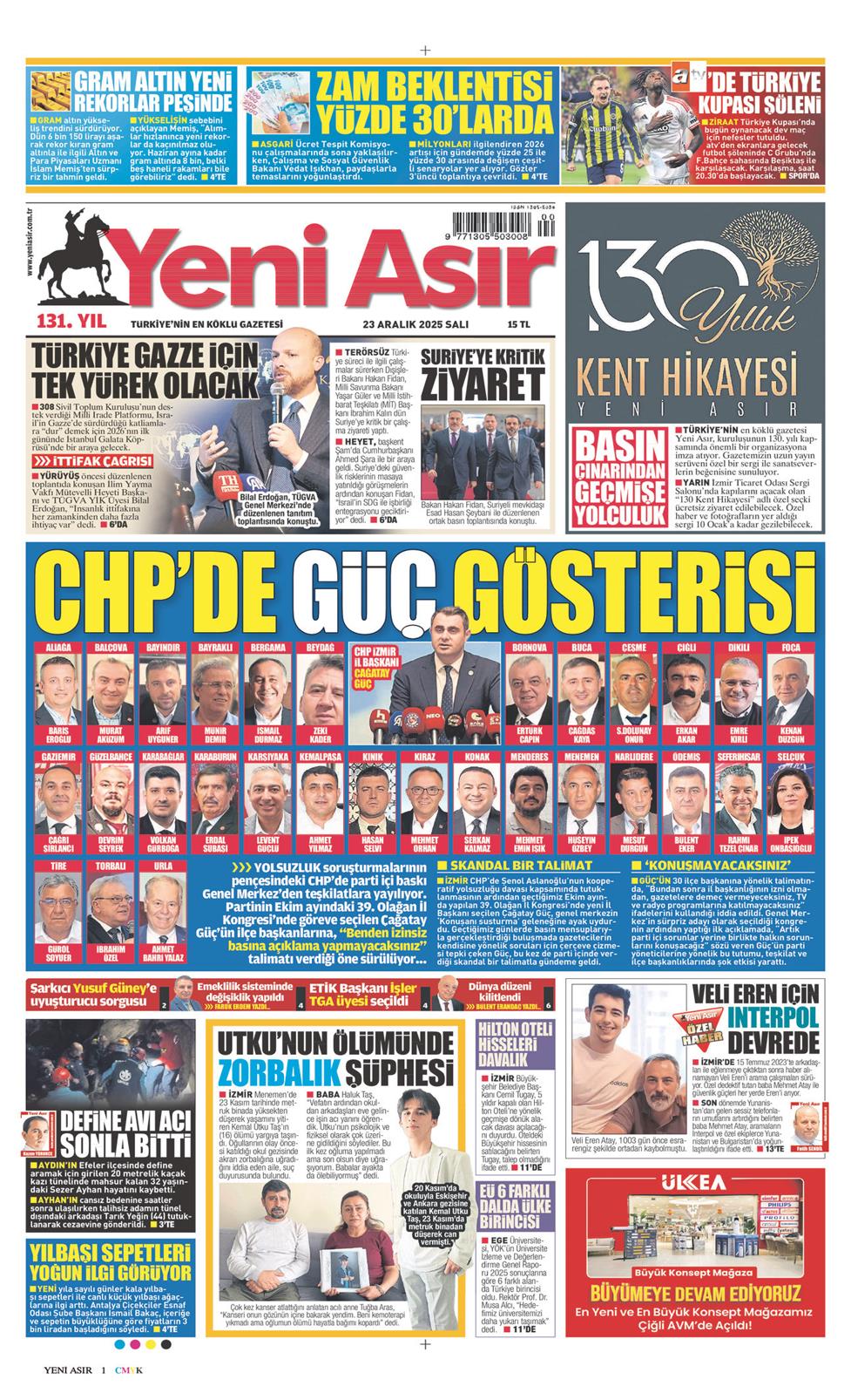 23 Aralık 2025 Salı - Yeni Asır gazetesi manşet