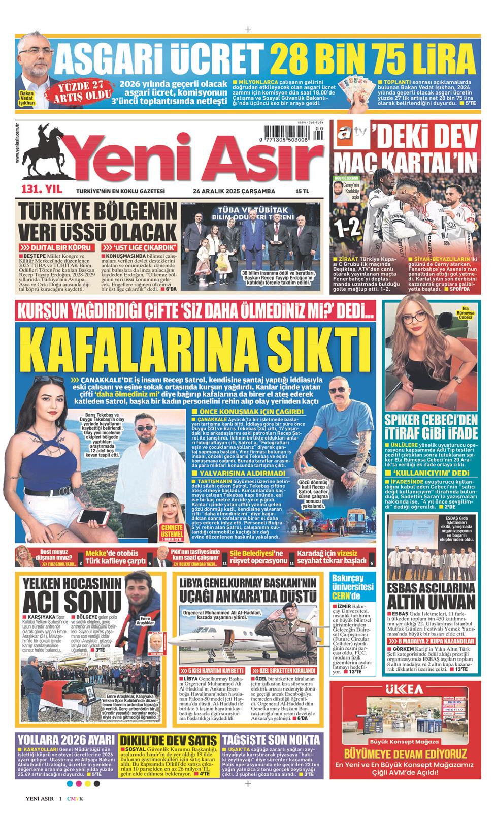 24 Aralık 2025 Çarşamba - Yeni Asır gazetesi manşet