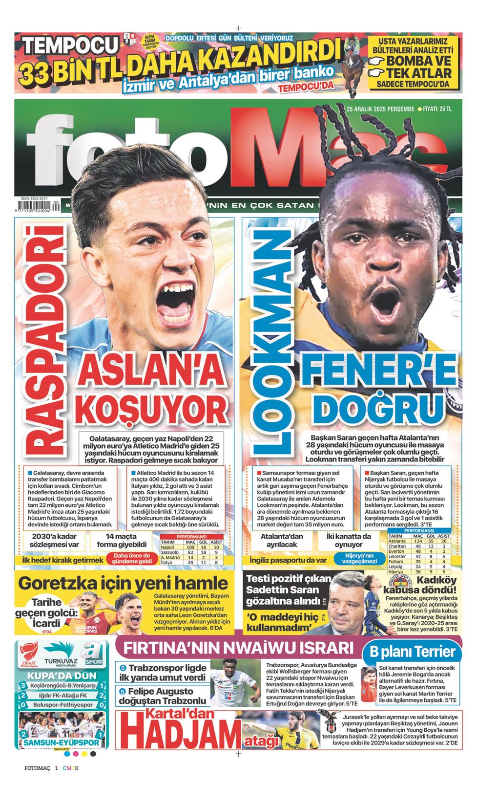 25 Aralık 2025 Perşembe - Fotomaç gazetesi manşet