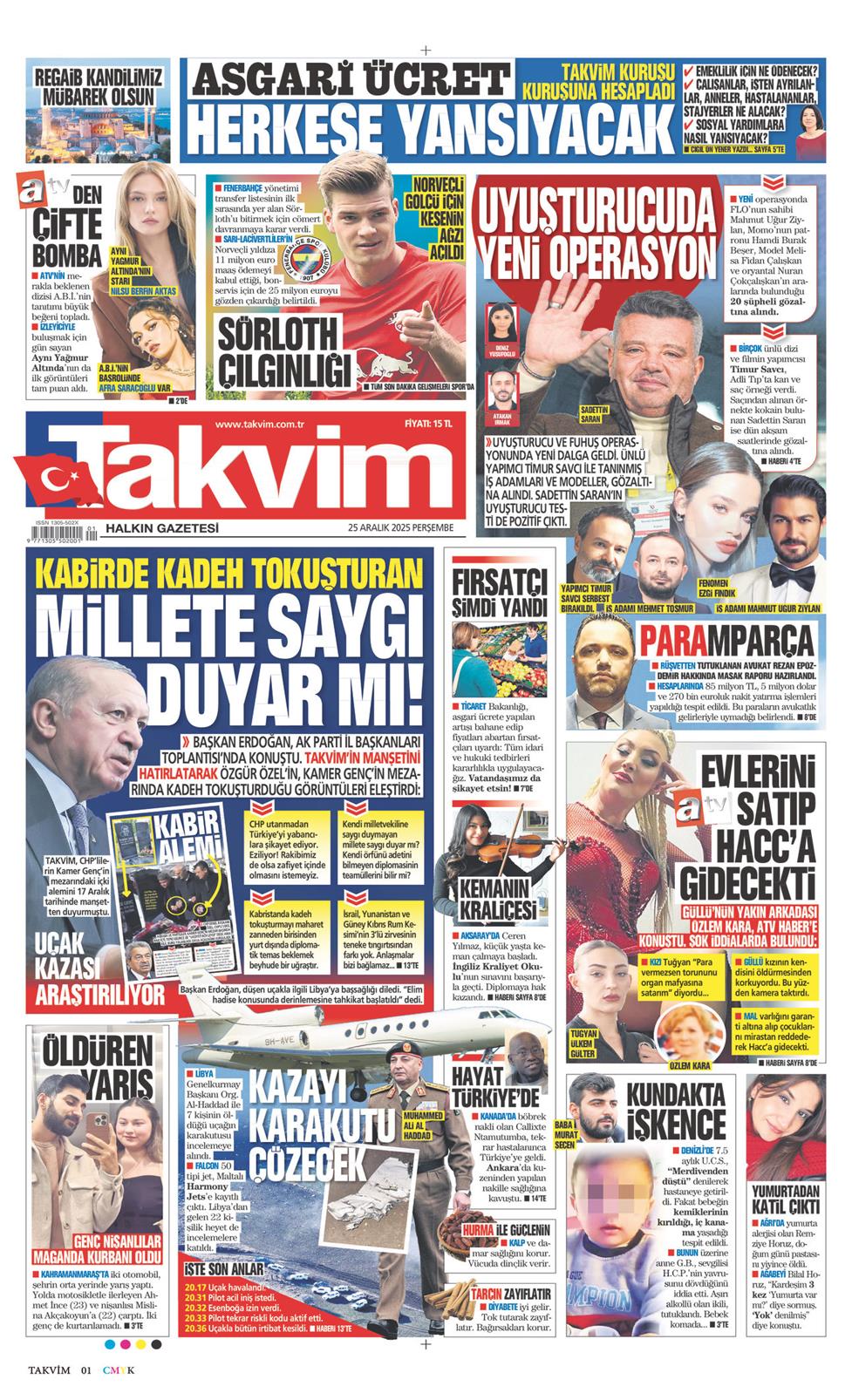 25 Aralık 2025 Perşembe - Takvim gazetesi manşet