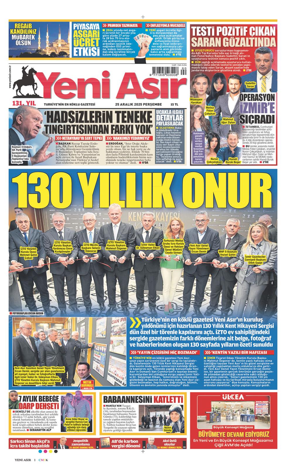 25 Aralık 2025 Perşembe - Yeni Asır gazetesi manşet