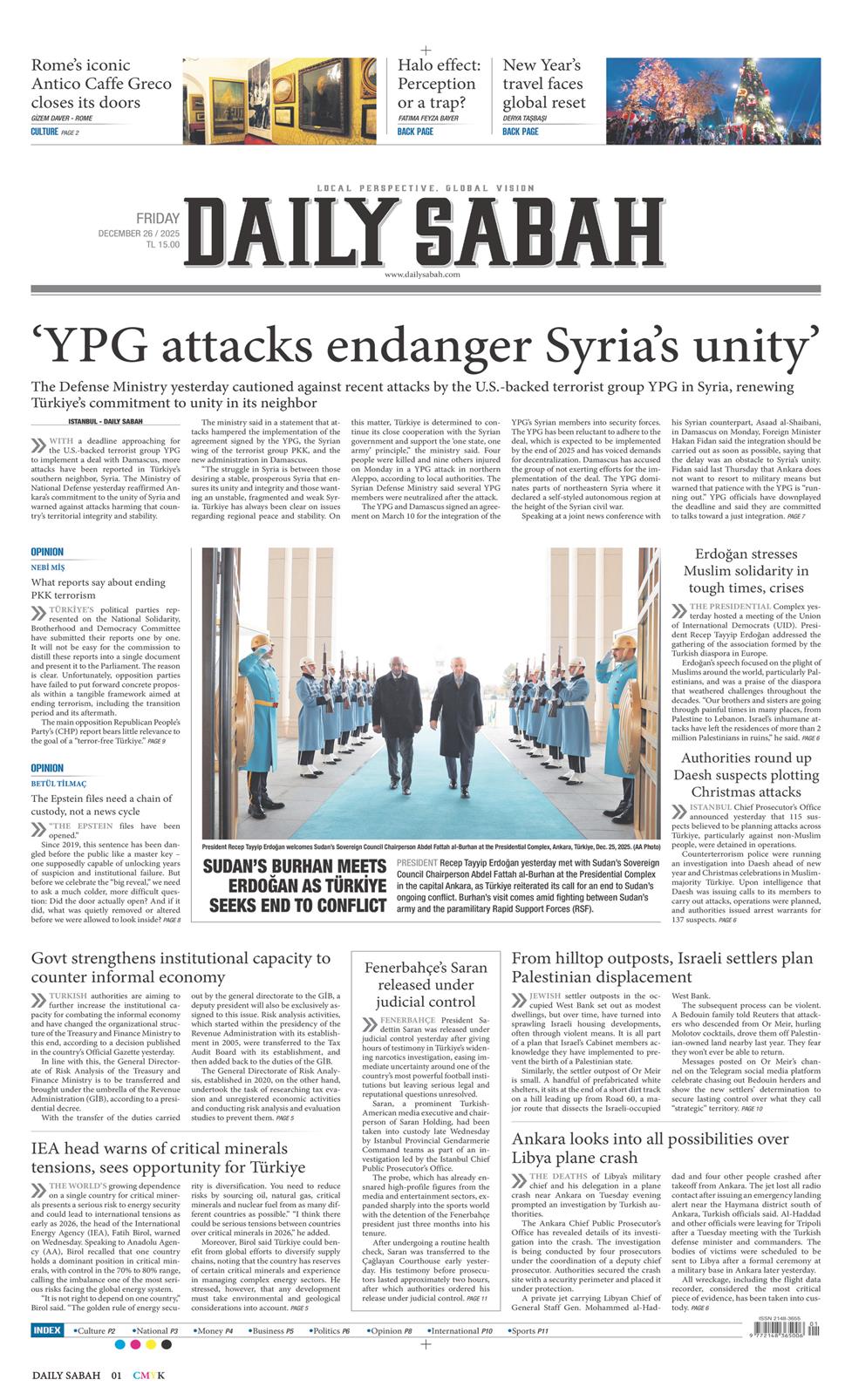 26 Aralık 2025 Cuma - Daily Sabah gazetesi manşet