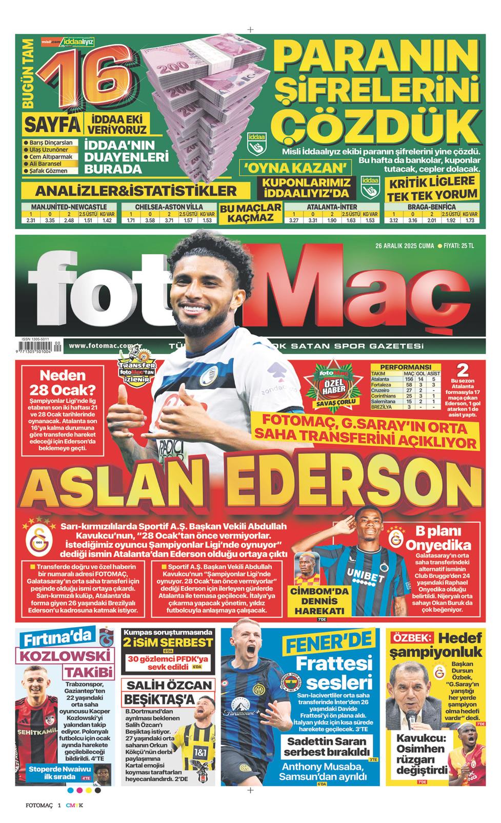 26 Aralık 2025 Cuma - Fotomaç gazetesi manşet