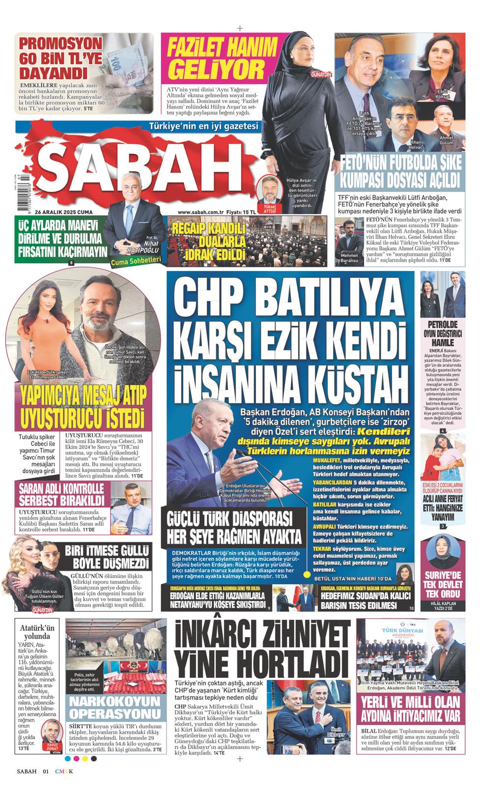 26 Aralık 2025 Cuma - Sabah gazetesi manşet