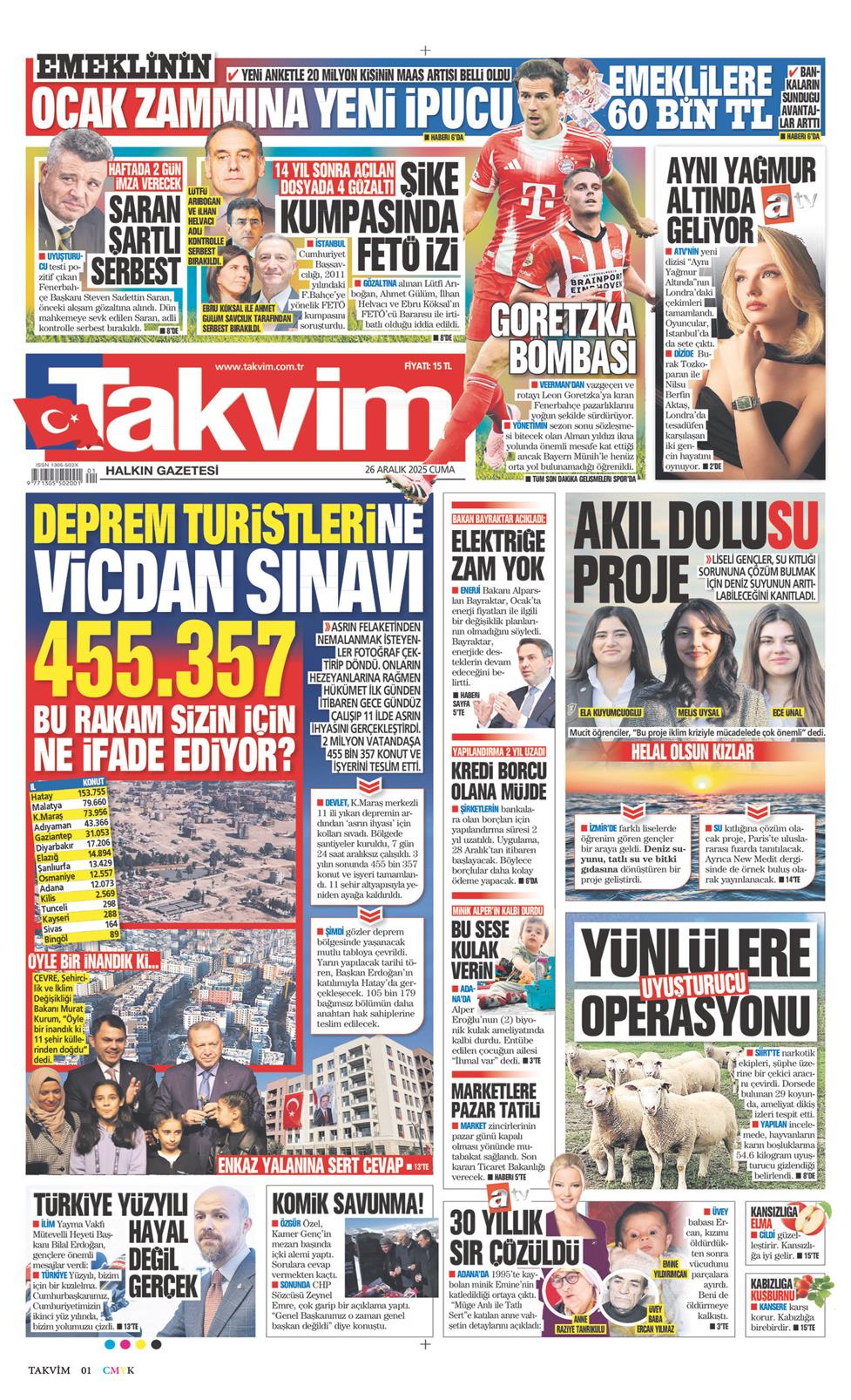 26 Aralık 2025 Cuma - Takvim gazetesi manşet