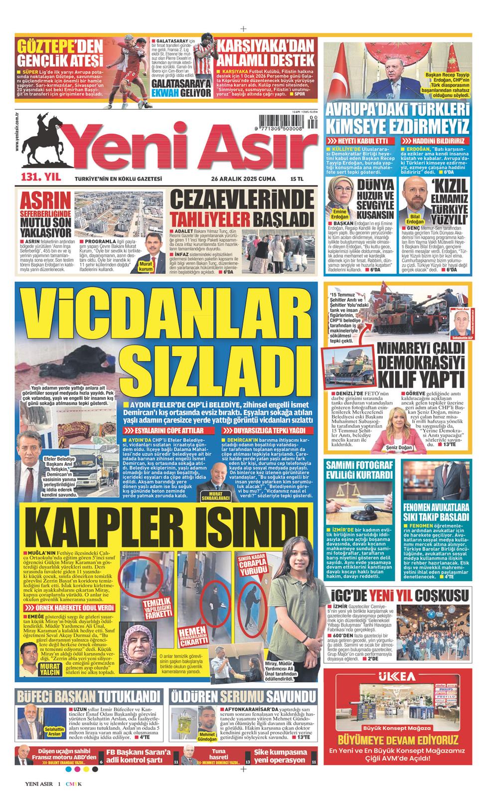 26 Aralık 2025 Cuma - Yeni Asır gazetesi manşet