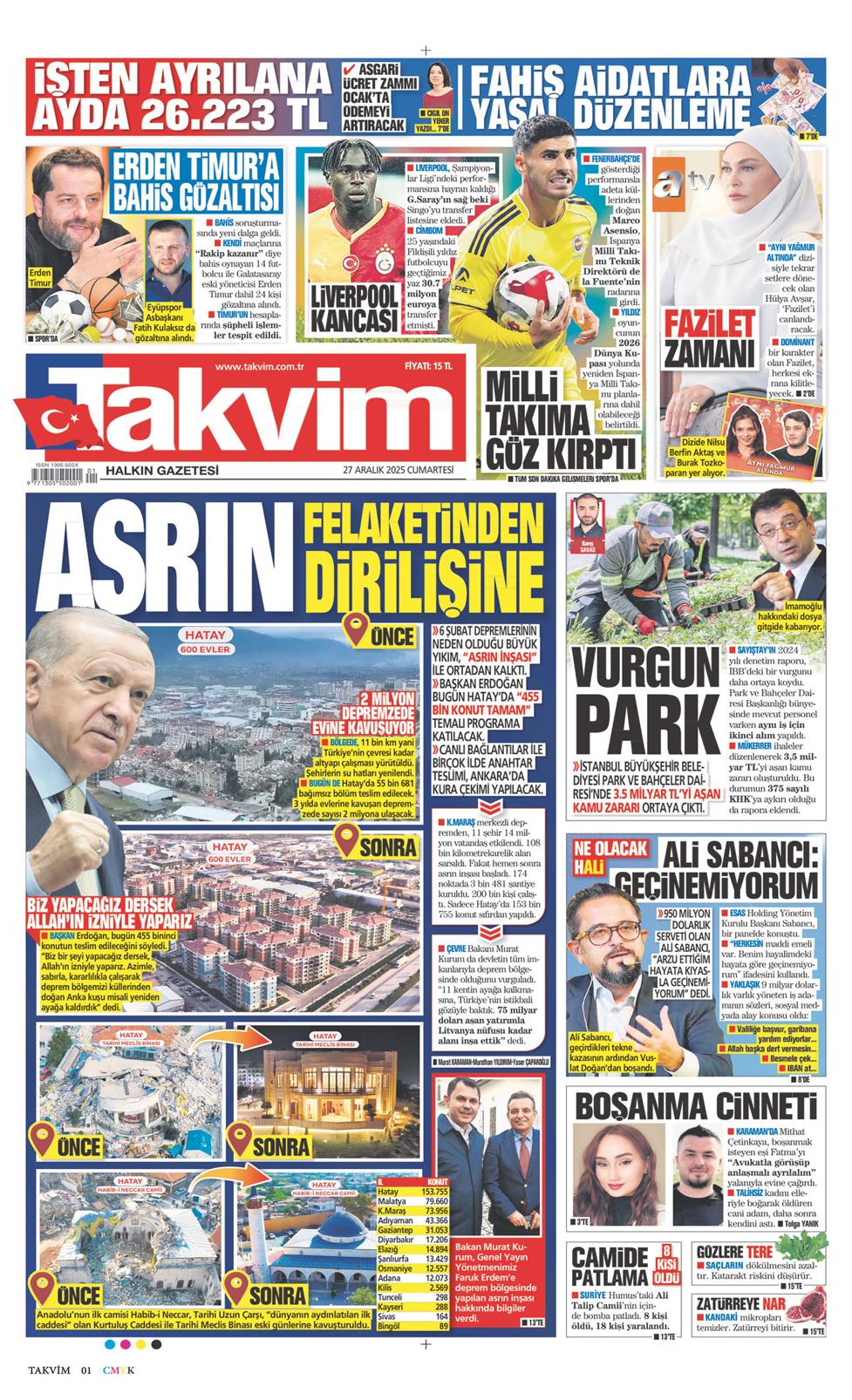 27 Aralık 2025 Cumartesi - Takvim gazetesi manşet