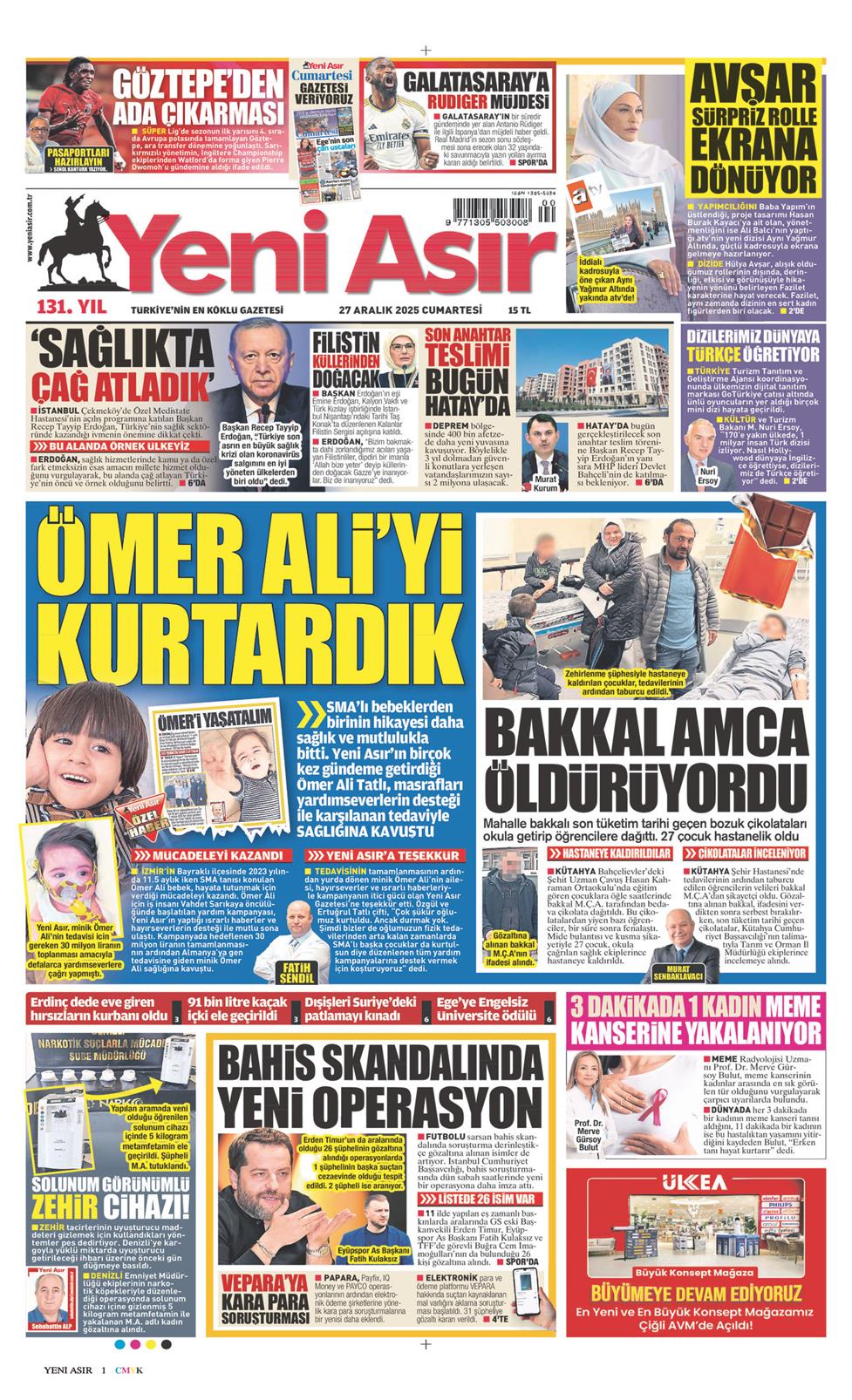 27 Aralık 2025 Cumartesi - Yeni Asır gazetesi manşet