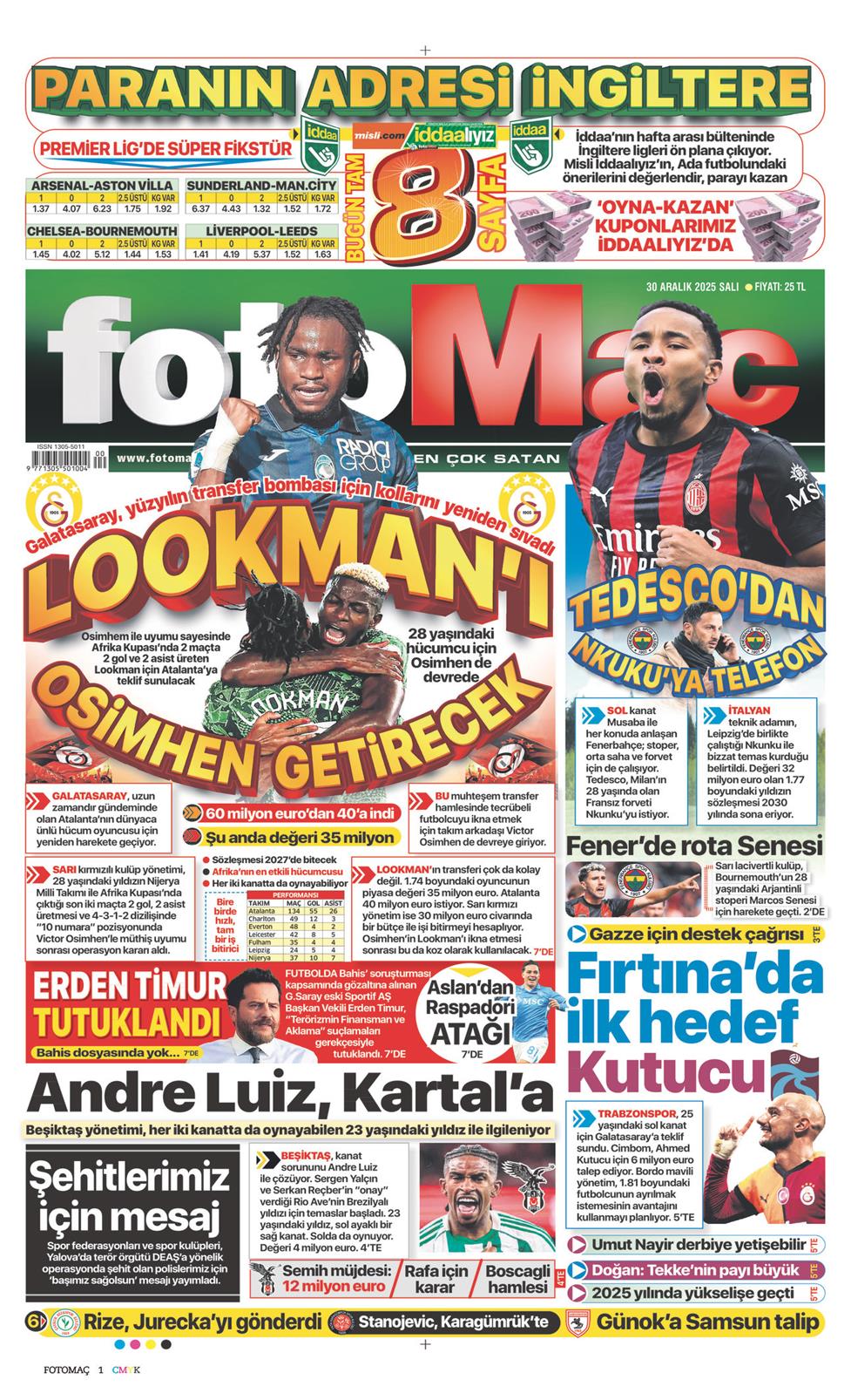 30 Aralık 2025 Salı - Fotomaç gazetesi manşet