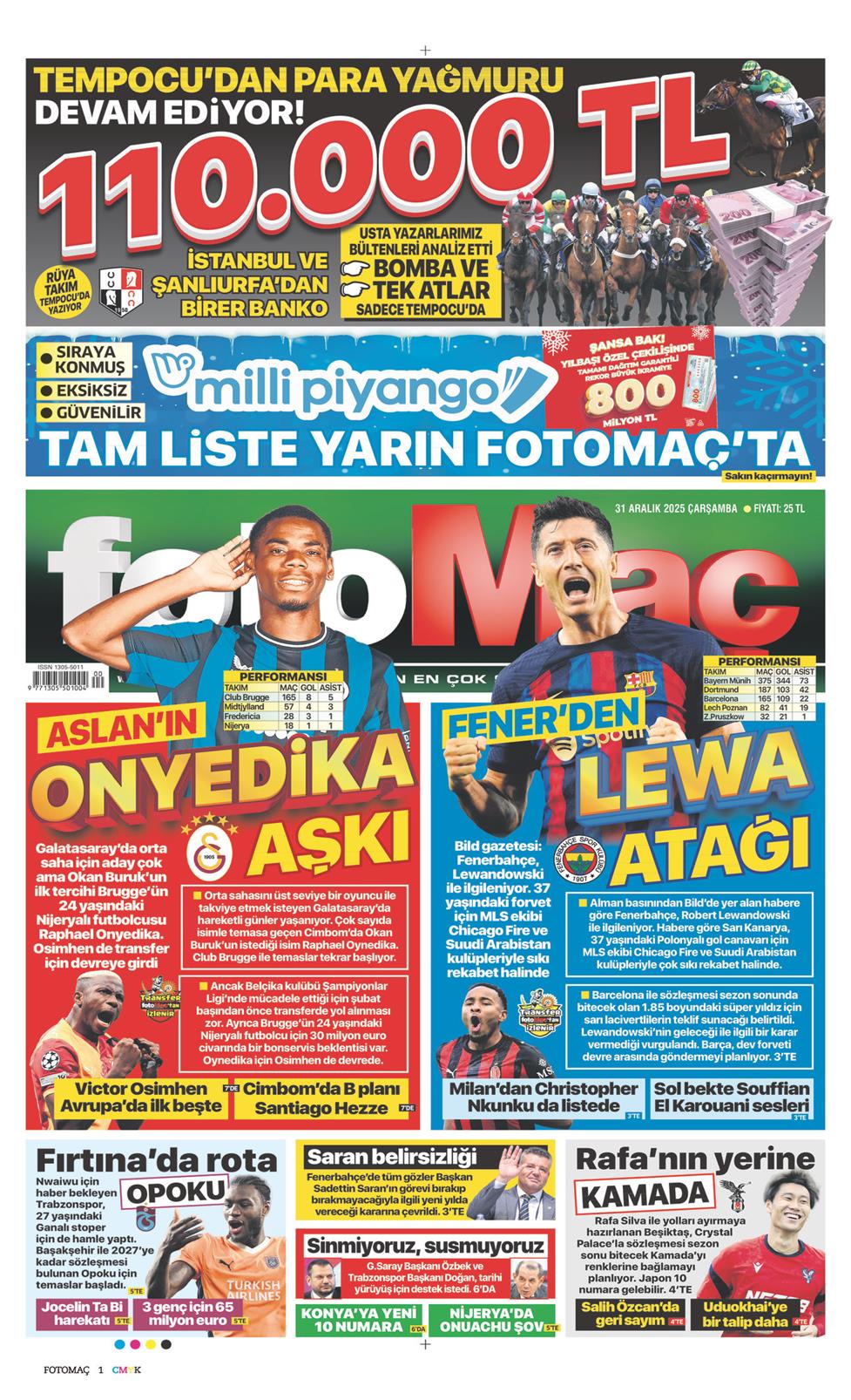 31 Aralık 2025 Çarşamba - Fotomaç gazetesi manşet