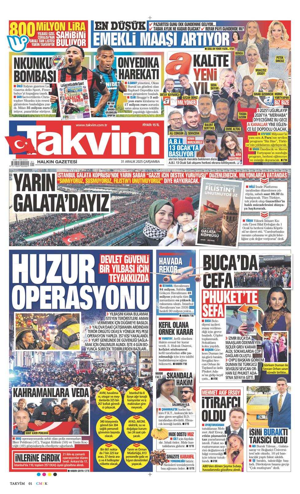 31 Aralık 2025 Çarşamba - Takvim gazetesi manşet