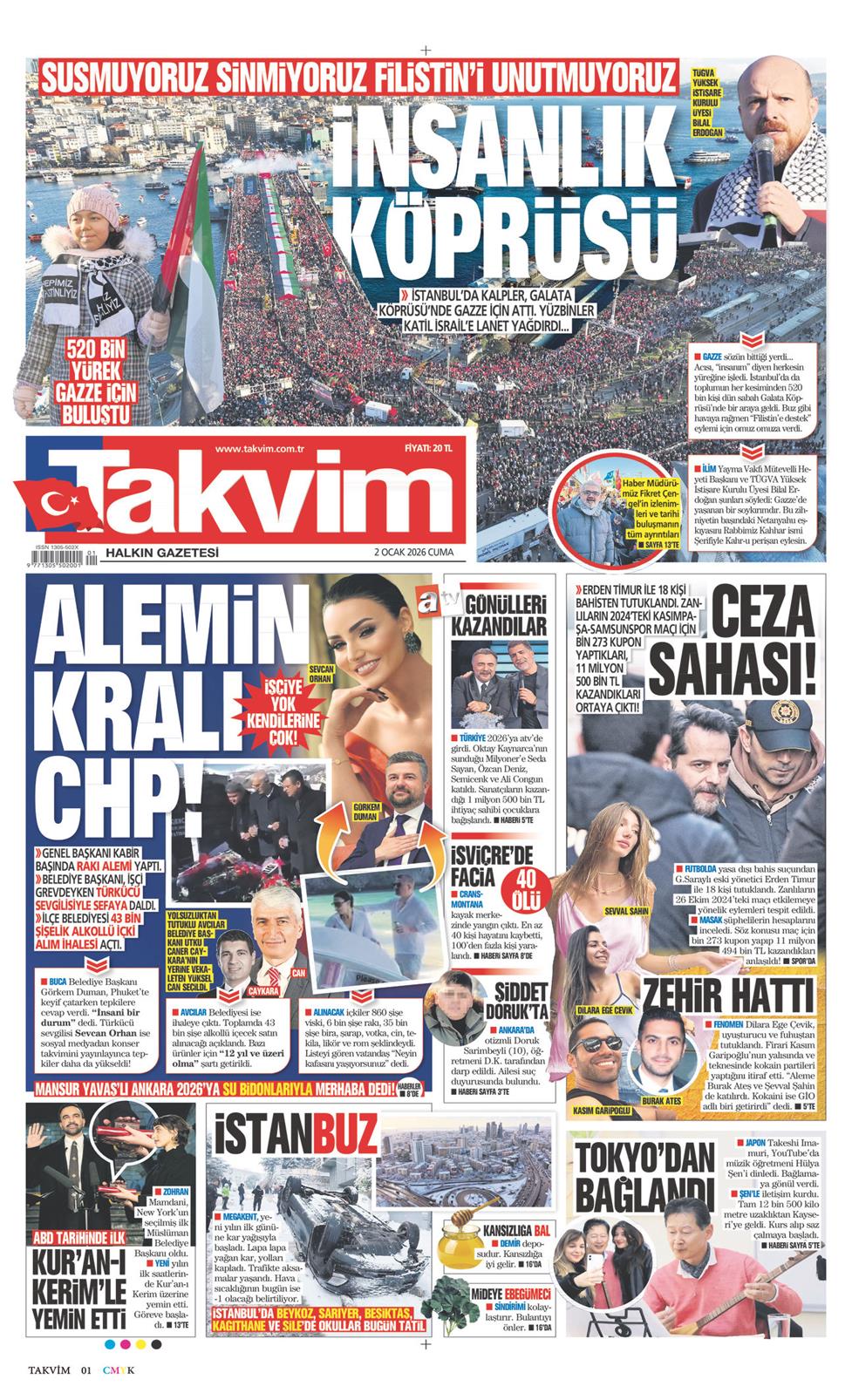Takvim Gazetesi 2 Ocak 2026, Cuma Günü Manşeti