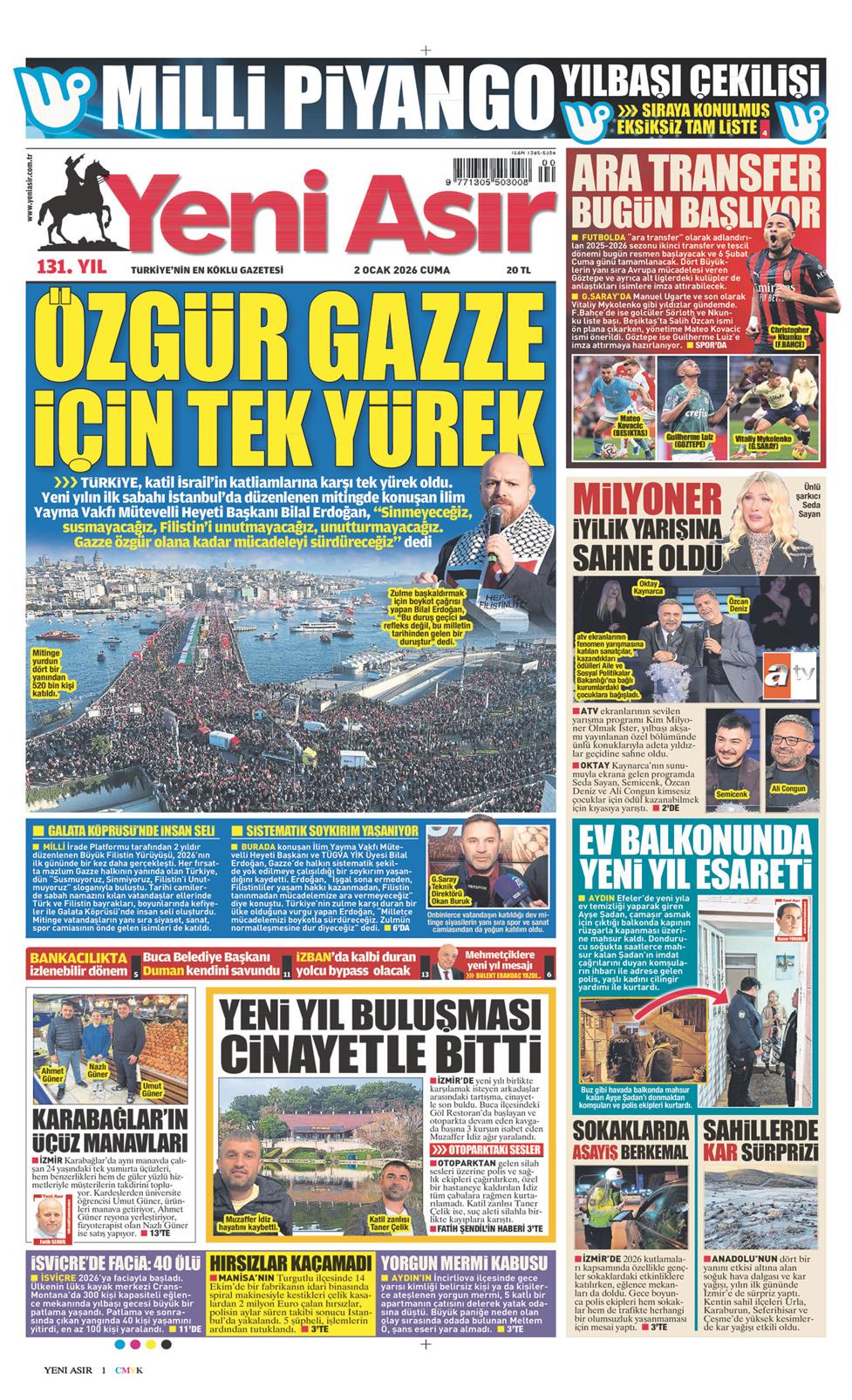 Yeni Asır Gazetesi 2 Ocak 2026, Cuma Günü Manşeti