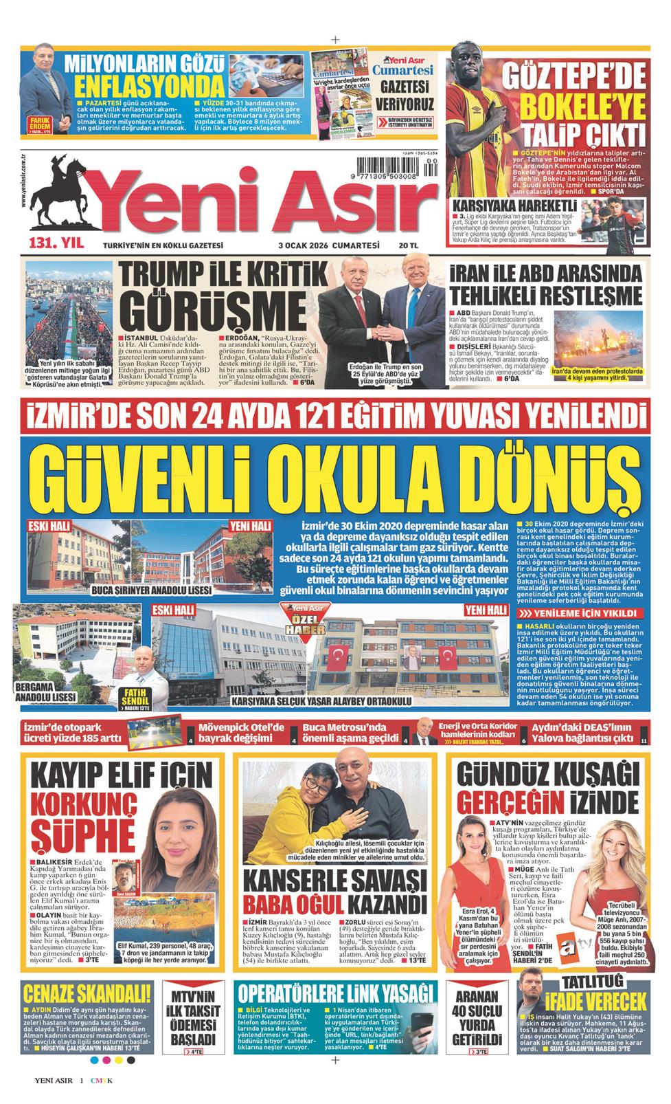 Yeni Asır Gazetesi 3 Ocak 2026, Cumartesi Günü Manşeti