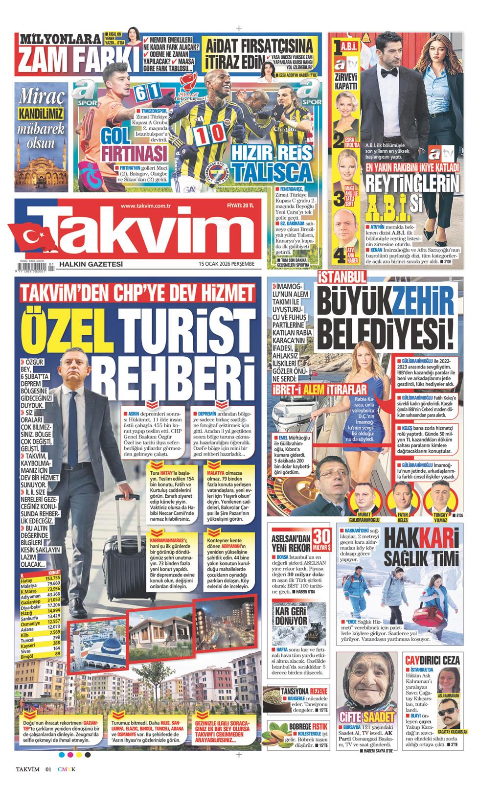 Takvim Gazetesi 15 Ocak 2026, Perşembe Günü Manşeti