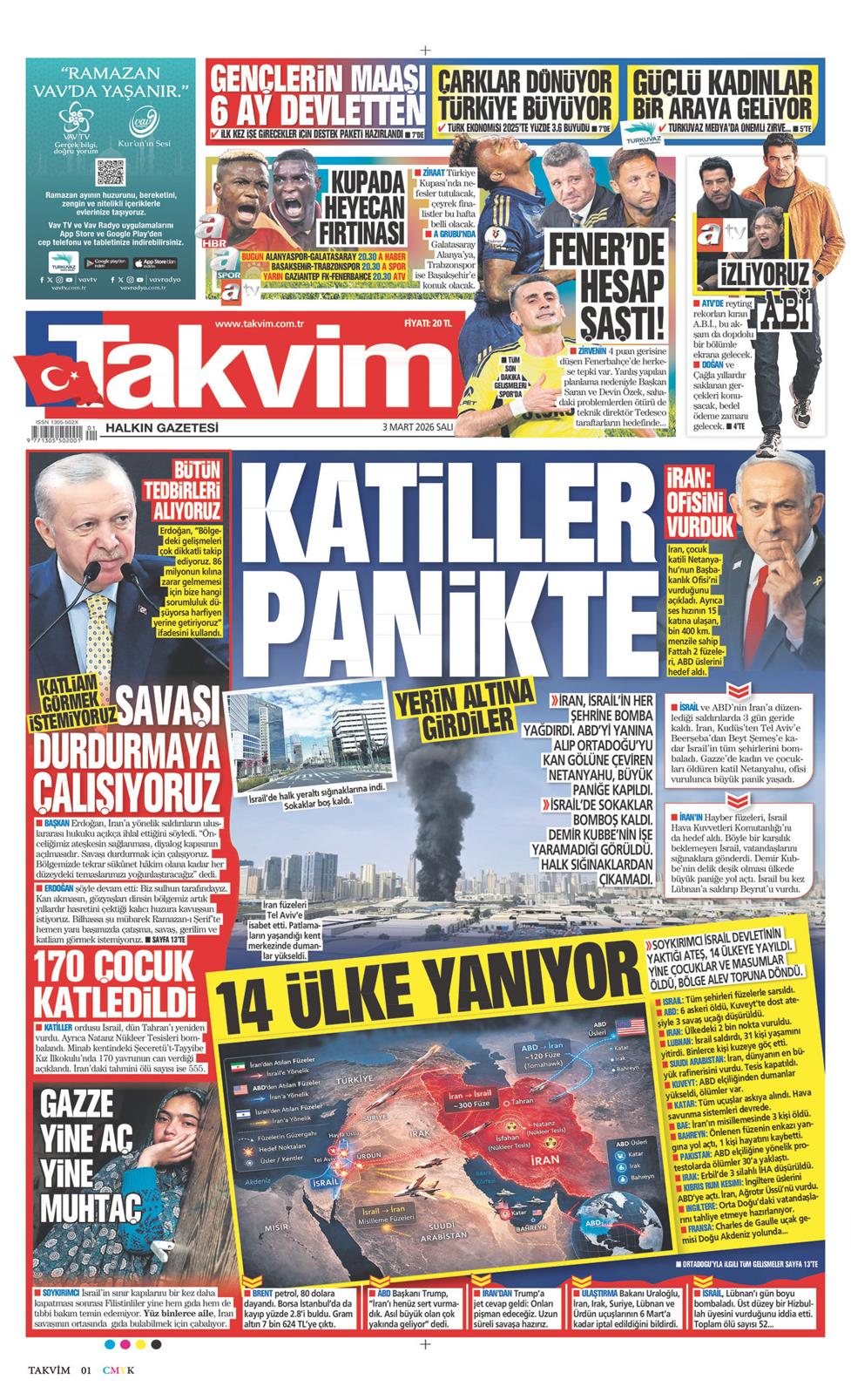 Takvim Gazetesi 3 Mart 2026, Salı Günü Manşeti