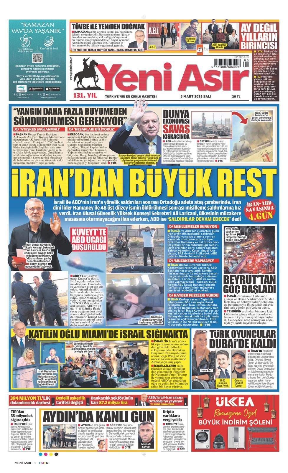 Yeni Asır Gazetesi 3 Mart 2026, Salı Günü Manşeti