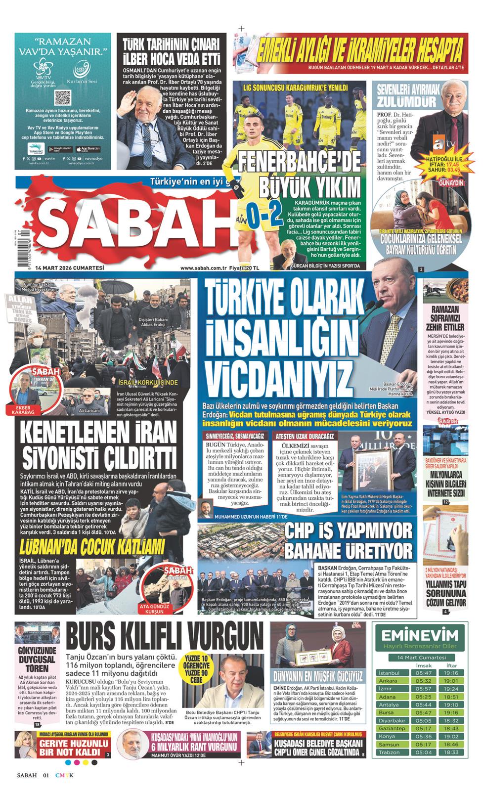 Sabah Gazetesi 14 Mart 2026, Cumartesi Günü Manşeti
