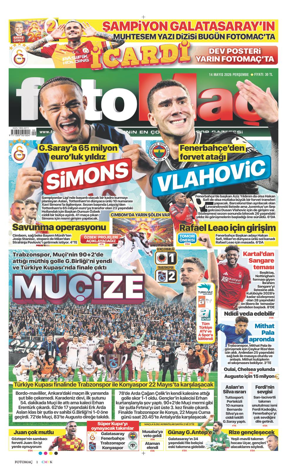 Fotomaç Gazetesi 14 Mayıs 2026, Perşembe Günü Manşeti