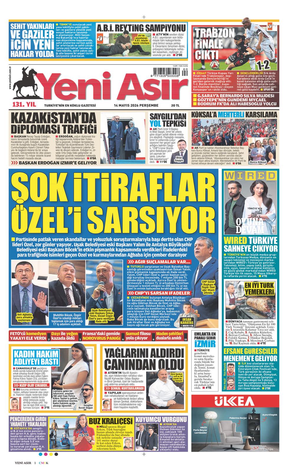 Yeni Asır Gazetesi 14 Mayıs 2026, Perşembe Günü Manşeti