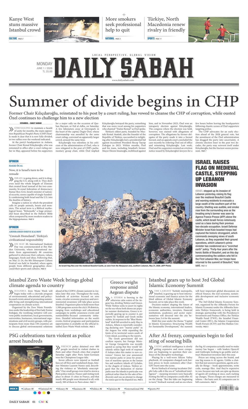 Daily Sabah Gazetesi 1 Haziran 2026, Pazartesi Günü Manşeti
