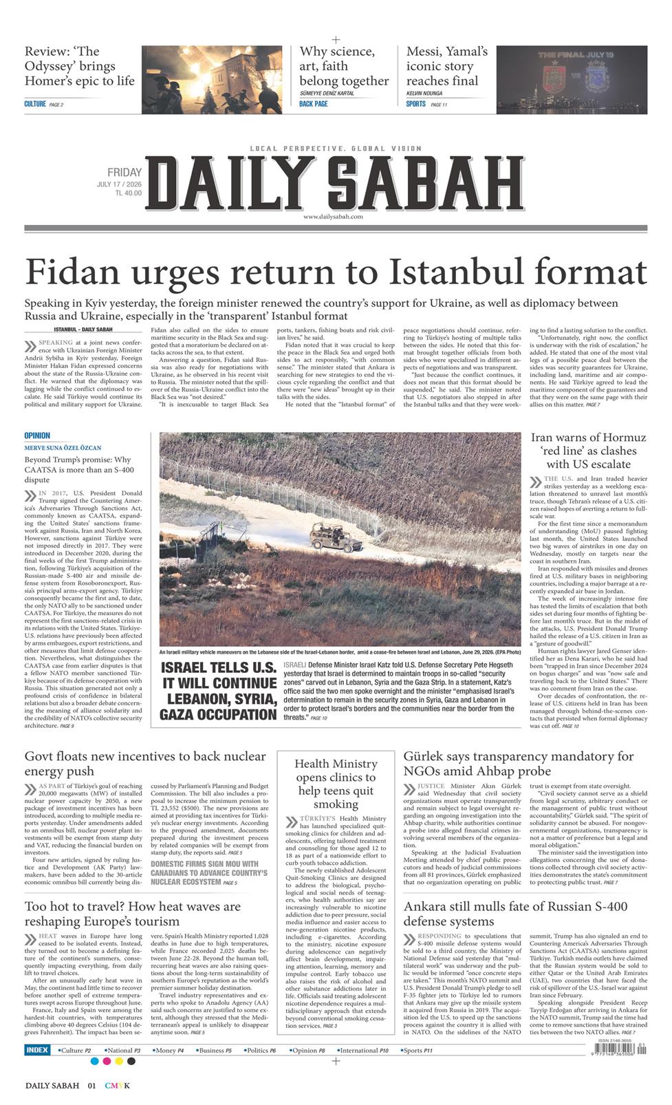 Daily Sabah Gazetesi 17 Temmuz 2026, Cuma Günü Manşeti