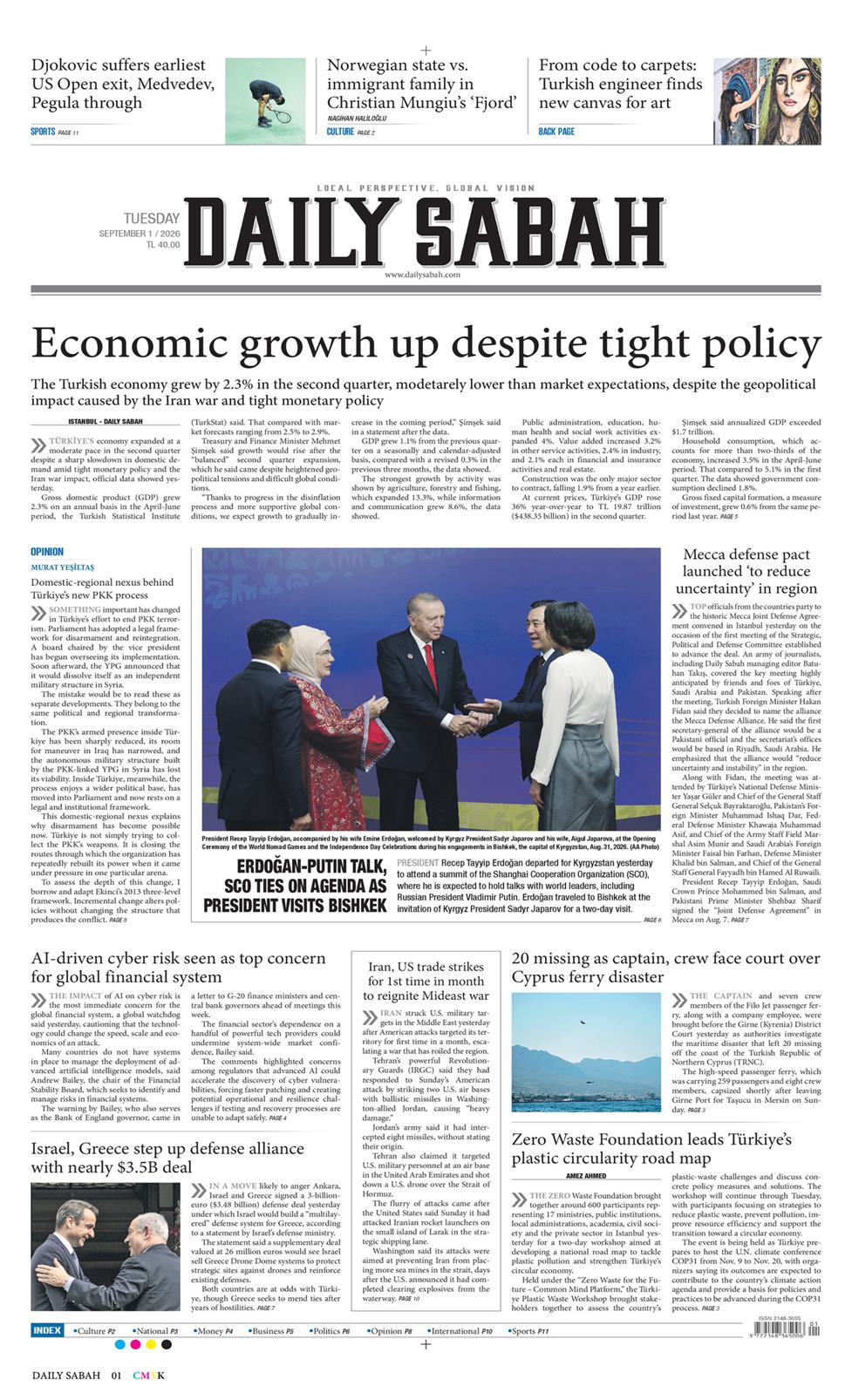 Daily Sabah Gazetesi 1 Eylül 2026, Salı Günü Manşeti