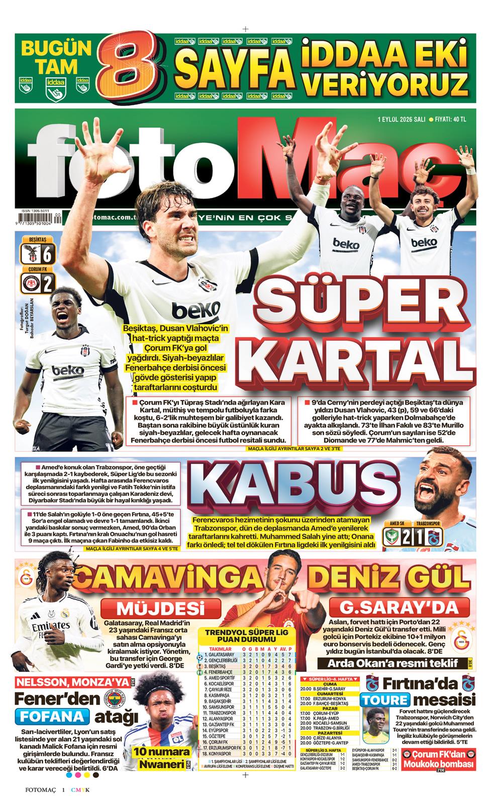 Fotomaç Gazetesi 1 Eylül 2026, Salı Günü Manşeti