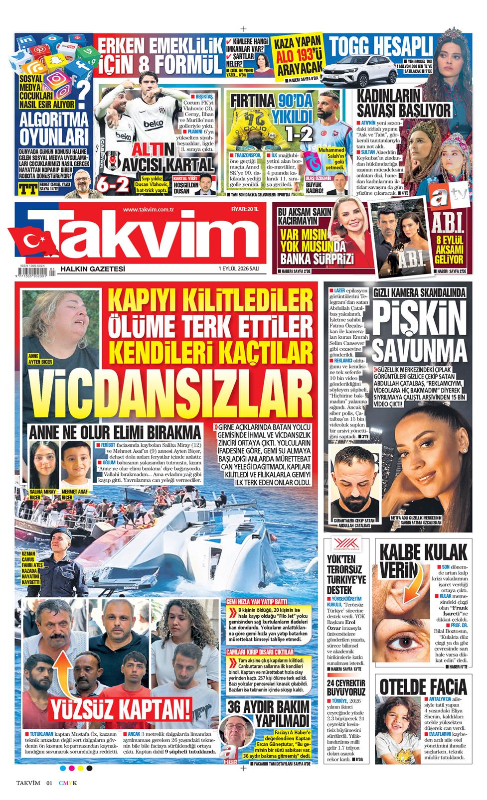 Takvim Gazetesi 1 Eylül 2026, Salı Günü Manşeti