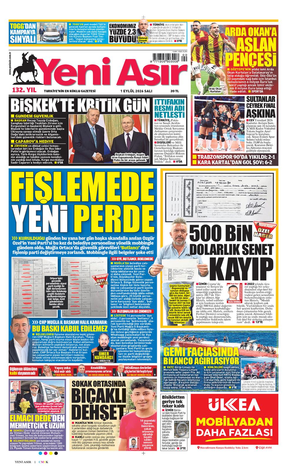 Yeni Asır Gazetesi 1 Eylül 2026, Salı Günü Manşeti